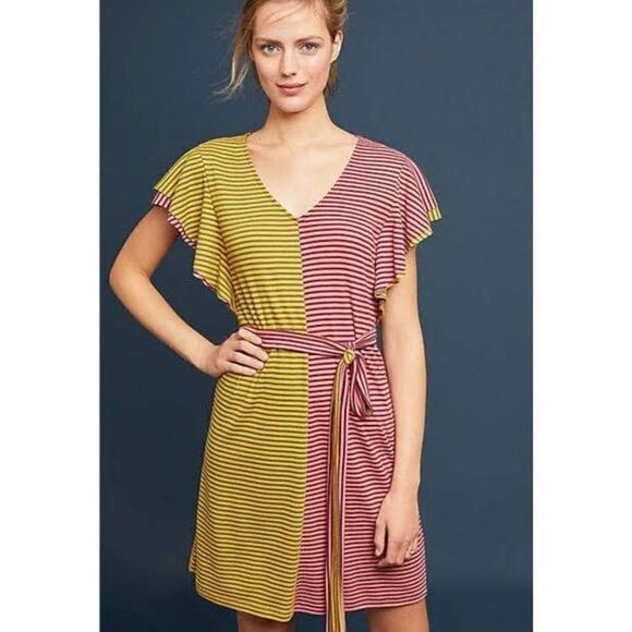 Ella Mara Anthropologie Dress Striped Color Block 2 Tone Pink Yellow flutter Wom - Picture 1 of 7